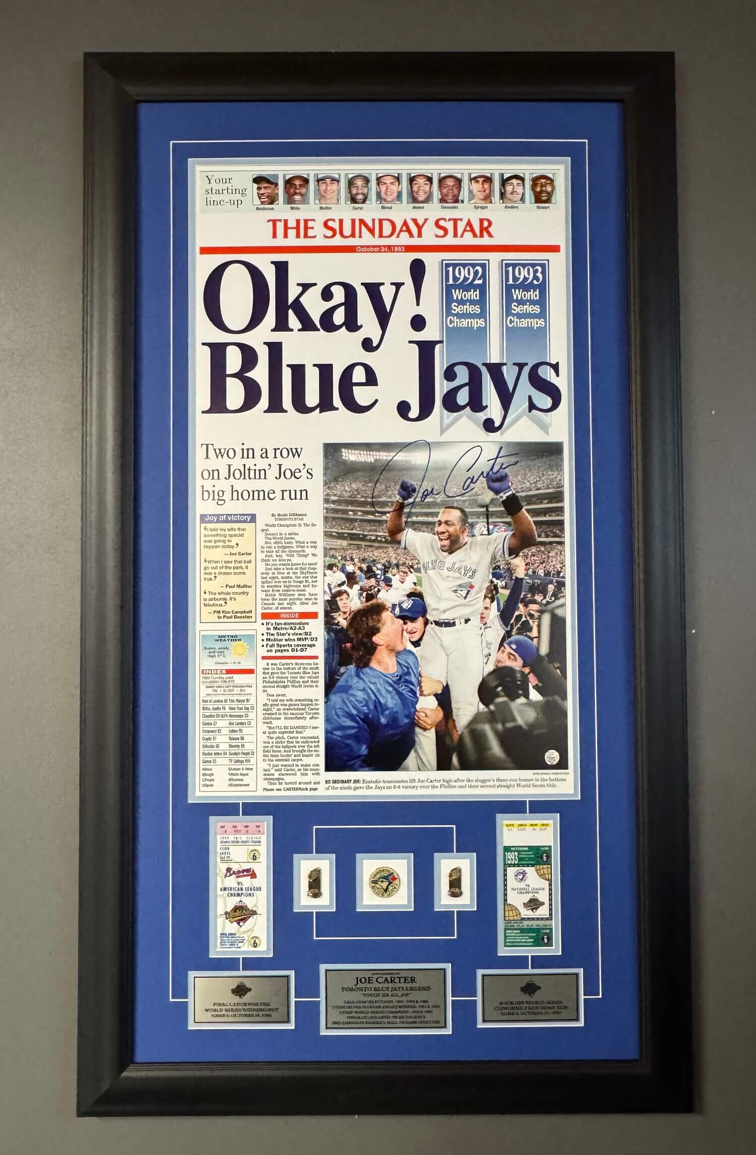 Joe Carter Autographed 1993 World Series "Touch 'Em All" Framed Display - Toronto Star Cover, Game Tickets & Championship Pins (44" x 25") - Image 2