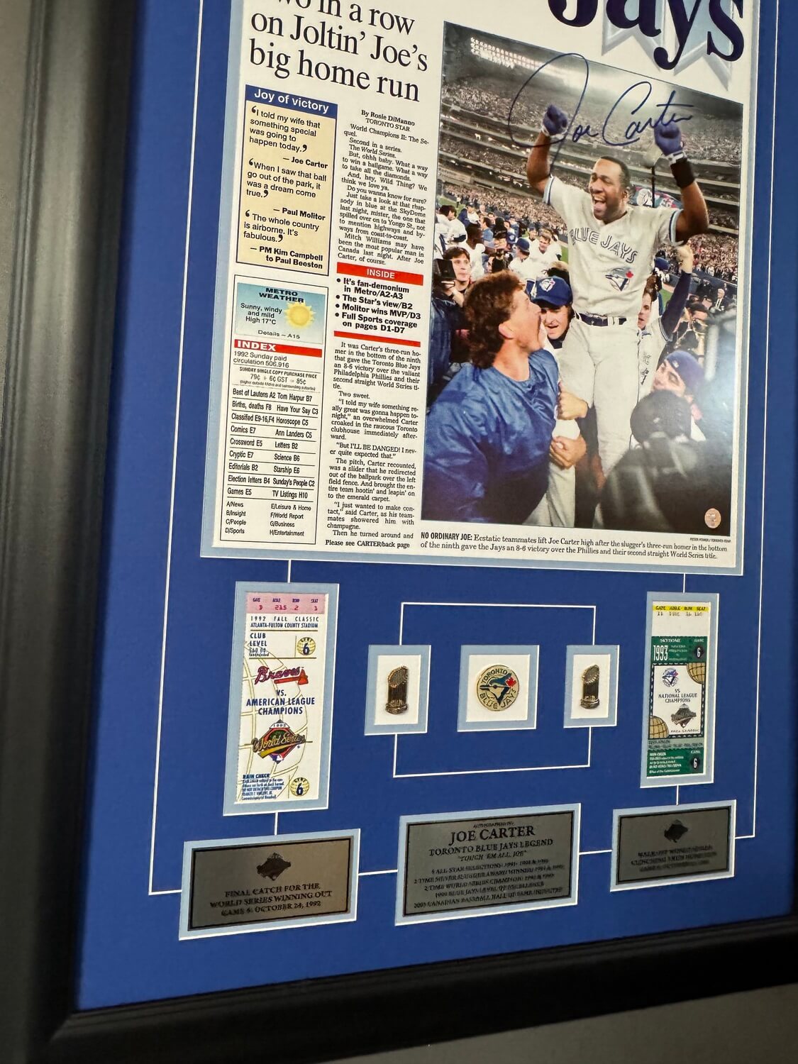 Joe Carter Autographed 1993 World Series "Touch 'Em All" Framed Display - Toronto Star Cover, Game Tickets & Championship Pins (44" x 25") - Image 4