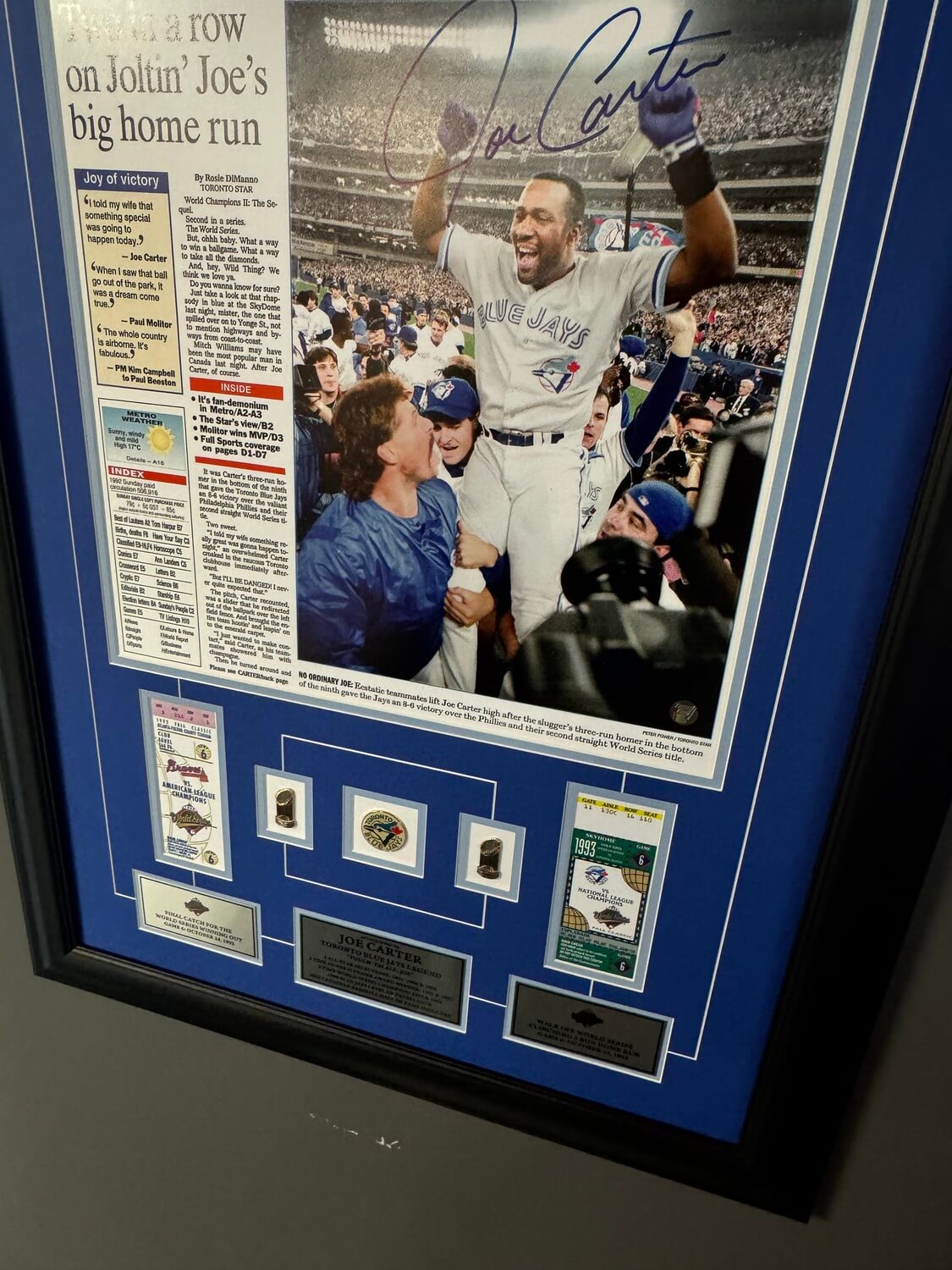 Joe Carter Autographed 1993 World Series "Touch 'Em All" Framed Display - Toronto Star Cover, Game Tickets & Championship Pins (44" x 25") - Image 3