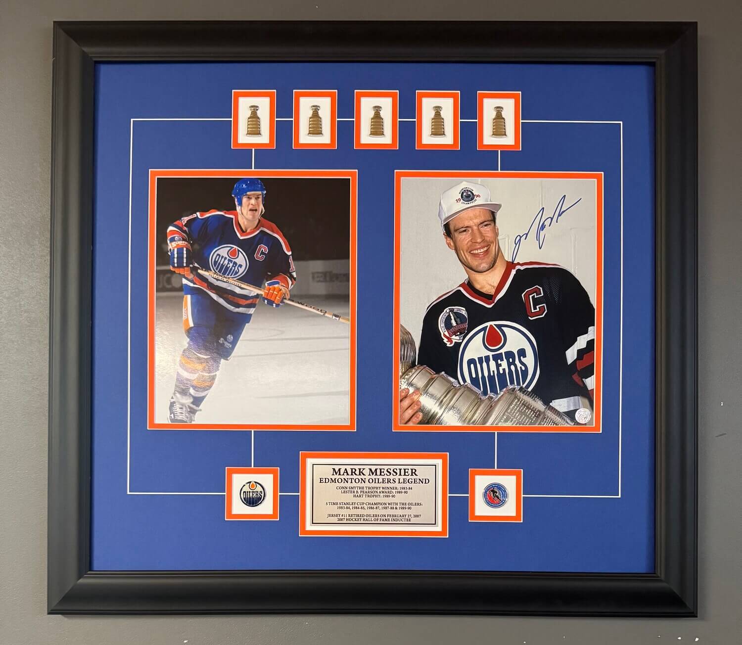 Mark Messier Autographed 5-Time Stanley Cup Champion Framed Collection - Edmonton Oilers Dynasty Era with Cup Pins (27" x 21") - Image 2
