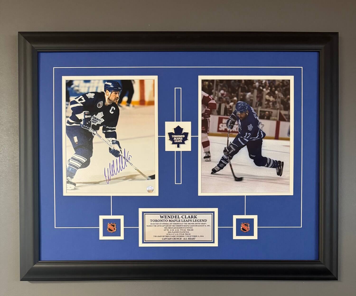 Wendel Clark Autographed Toronto Maple Leafs Framed Display - Captain Era with Retro NHL Logos (25" x 23") - Image 2