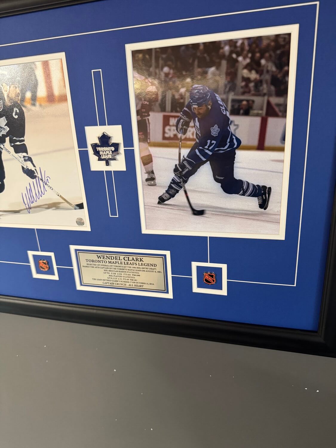 Wendel Clark Autographed Toronto Maple Leafs Framed Display - Captain Era with Retro NHL Logos (25" x 23") - Image 4