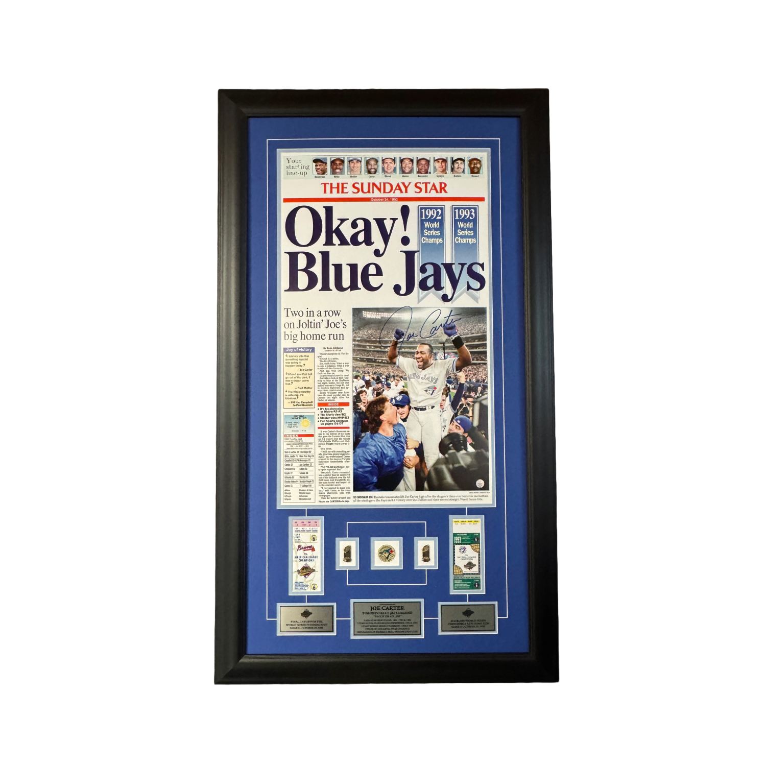 Joe Carter Autographed 1993 World Series "Touch 'Em All" Framed Display - Toronto Star Cover, Game Tickets & Championship Pins (44" x 25")