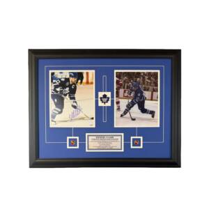 Wendel Clark Autographed Toronto Maple Leafs Framed Display - Captain Era with Retro NHL Logos (25" x 23")