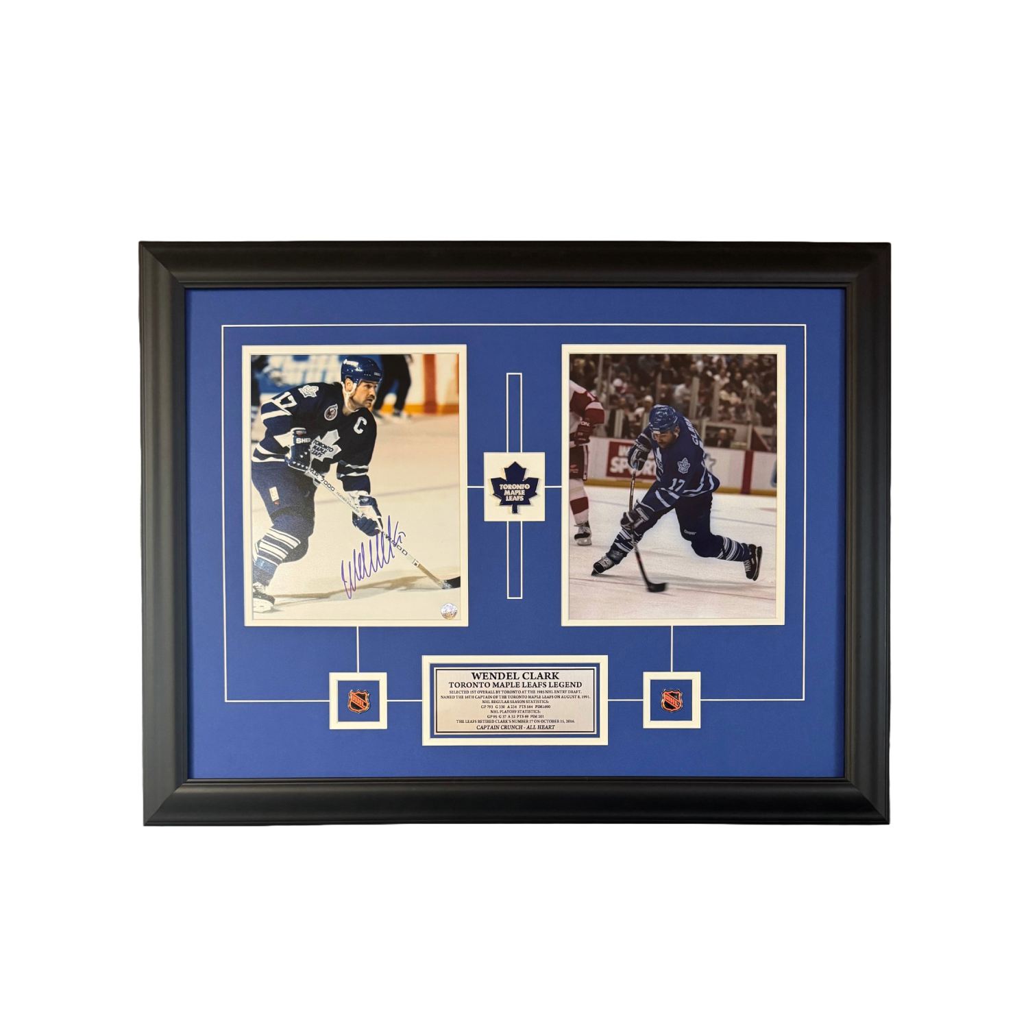 Wendel Clark Autographed Toronto Maple Leafs Framed Display - Captain Era with Retro NHL Logos (25" x 23")